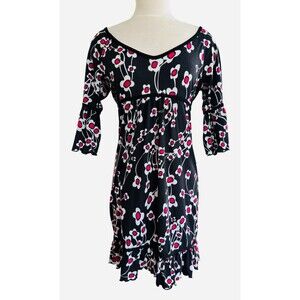 Buffalo David Wm M Black W/White Flowers 3/4 Bell Sleeve Pullover Babydoll Dress
